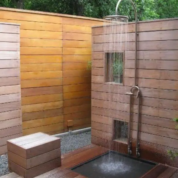 Wooden Cabana-Style Shower and Toilet Combo