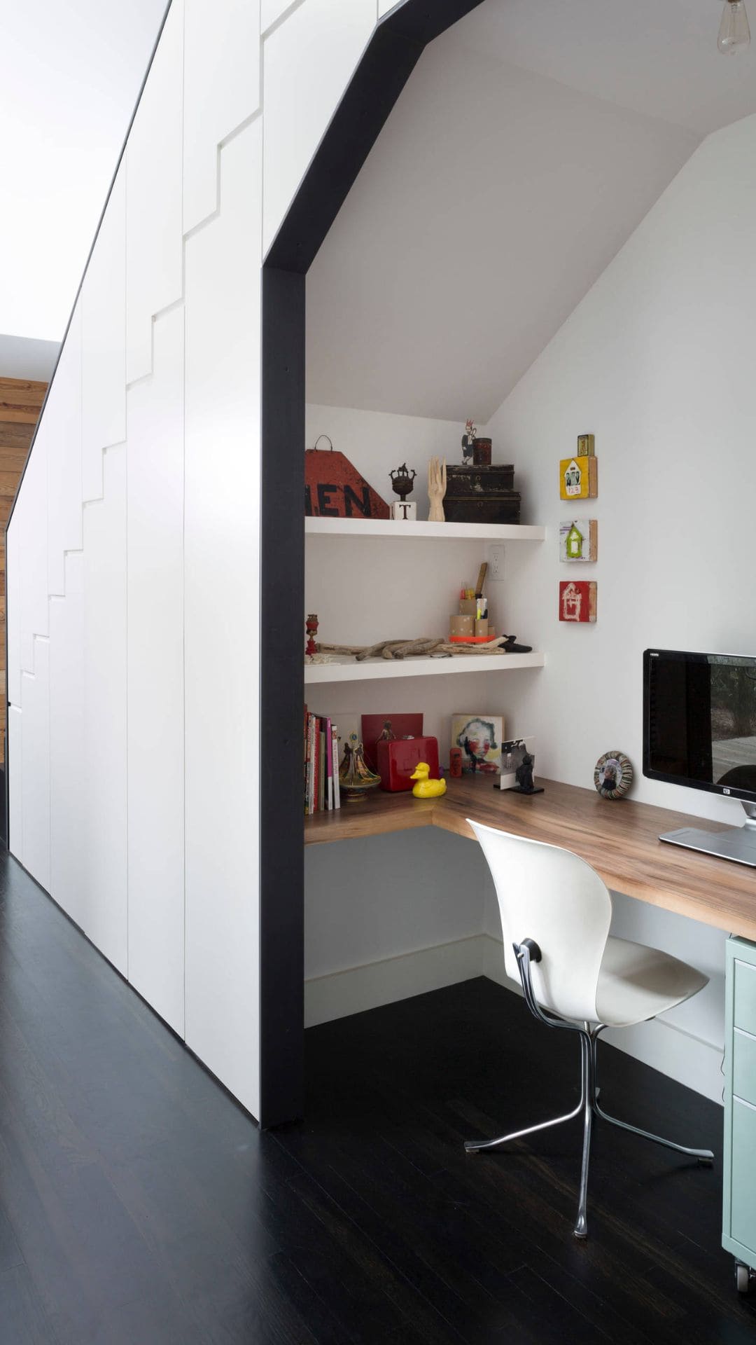 Hidden Office Space Under Stairs with Sliding Doors