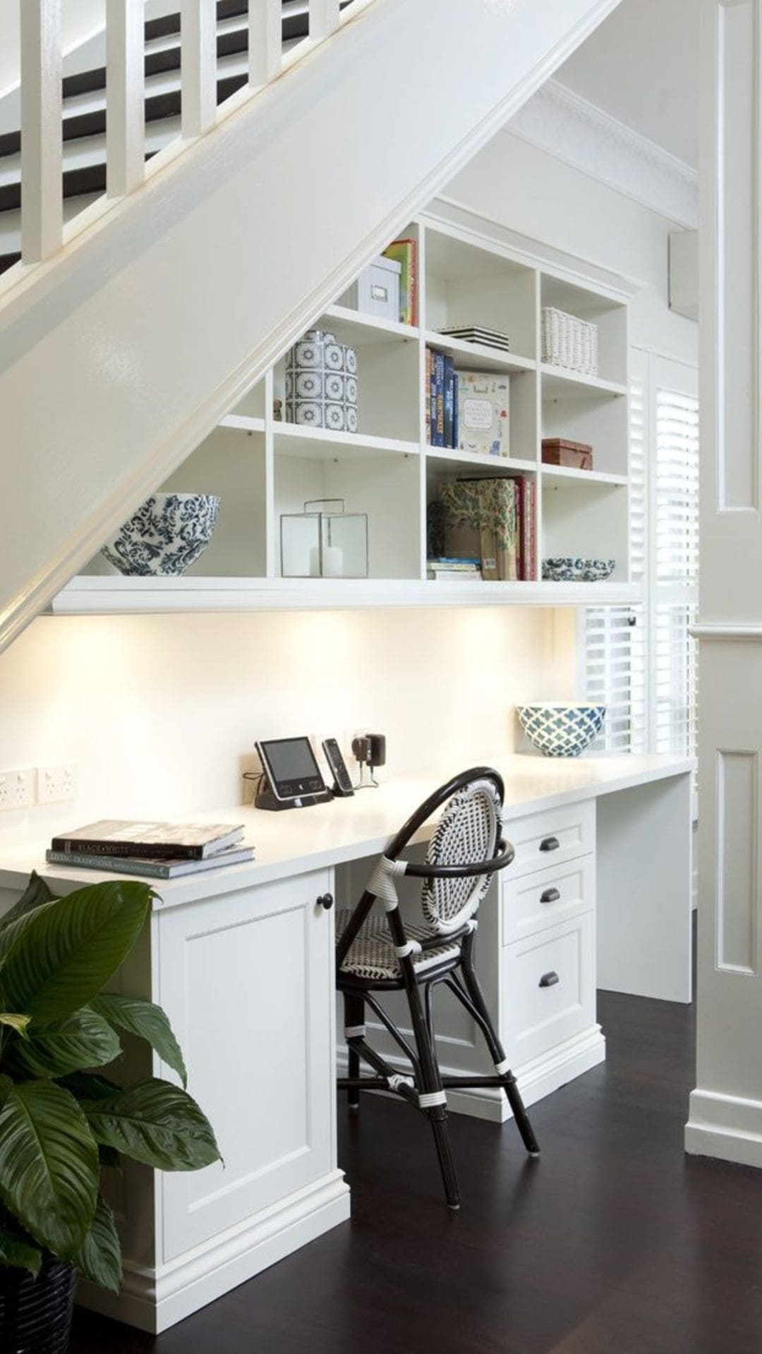 Office Space Under Stairs Ideas with Custom Shelving