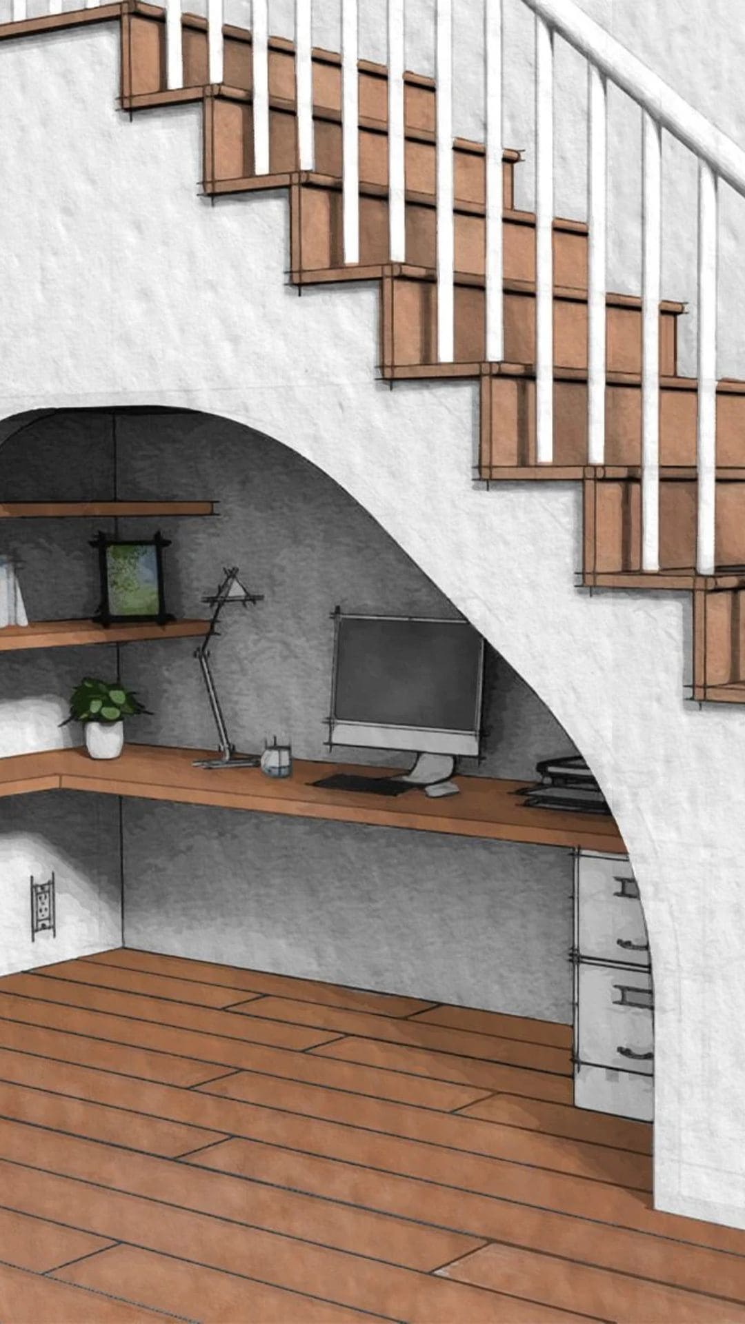 Use of Space Under Stairs for a Hidden Office